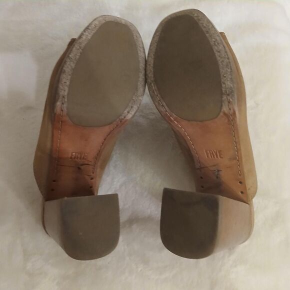 Frye Karissa Mule Camel Tan Suede Wood Chunky Block Heel Size 8.5 Boho - Picture 6 of 7